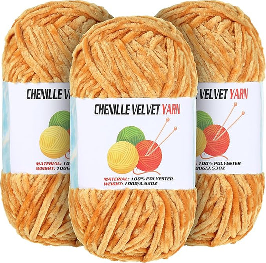 3 * 100g Velvet Chenille Chunky Yarn for Crocheting, Handcrafts Weaving Soft Chenille Yarn for Crocheting Clearance, Used for Making Baby Yarns Blanket, Clothes, Knitting Creations (Turmeric)