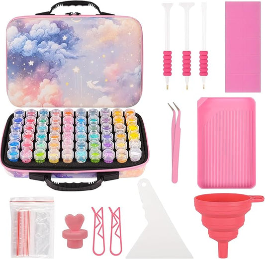 60 Slots Diamond Painting Storage Container, Diamond Art Kits for Adults Stackable Bead Organizer with Carrying Handle, Craft Storage Box with Accessories (Starlit Mist-60 Slots)