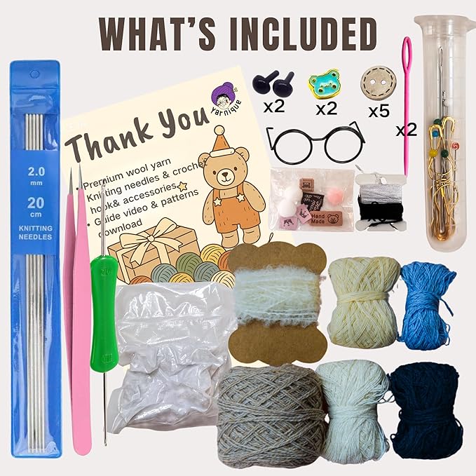 Yarnique Wool Bear Knitting Kit – Real Wool Amigurumi Kit for Adults with Video Tutorials | DIY Bear Crochet & Knitting Kit with Tools | Holiday Gift Craft Set (White Sweater)