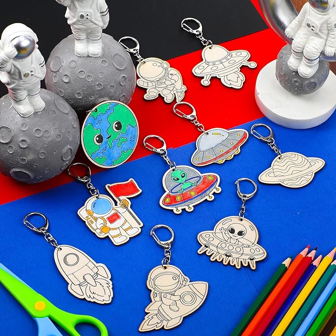 Trnayi 36 Pcs Outer Space Party Favors Unfinished Wooden Keychains Color Your Own Space Astronaut Star Planet Alien UFO DIY Wood Crafts Blank Wood Painting Crafts for Birthday Arts Gifts