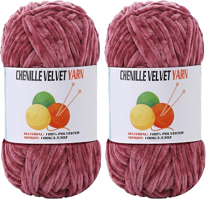 2 * 100g Velvet Chenille Chunky Yarn, Handcrafts Weaving Soft Chenille Yarn for Crocheting Clearance, Used for Making Baby Yarn Blanket, Clothes, Knitting Creations (Pomegranate)