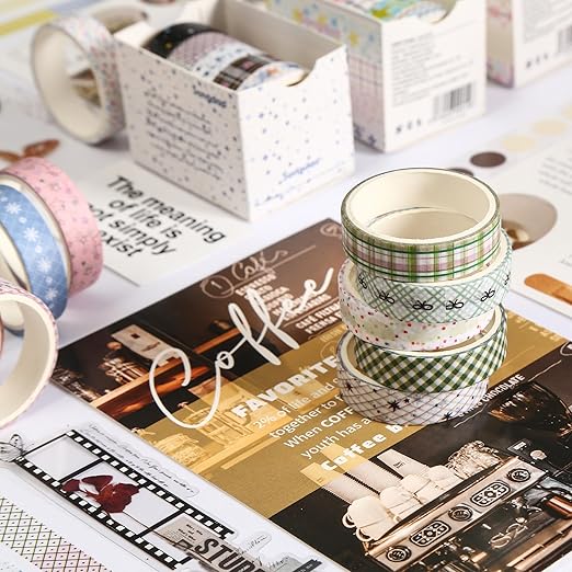 60 Rolls Cute Washi Tape Pack Basic Mini Adhesive Tapes Stars, Plaids, Florals, Grids & Dots Patterns Decorative Masking Tape Sets for Craft, Kids, Scrapbook, DIY, Gift Wrapping (Basic)