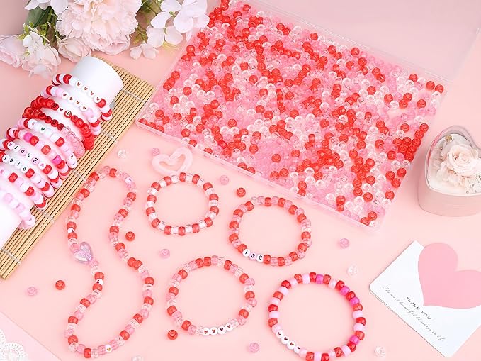 1000Pcs Valentine's Day Pony Beads Pink Red White Bracelets Crafts 6x9mm Bulk Plastic Pony Valentine Beads for Jewelry Making Party Party DIY Crafts Necklace Keychain Romantic Accessories
