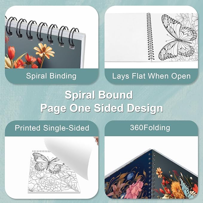 Adult Coloring Book for Women Relaxation, Butterfly Coloring Book for Adult Spiral Bound 30 Pages Thick Paper One Sided Design Coloring Book Mindfulness Gift for Her, Anxiety Relief Gifts Relaxation