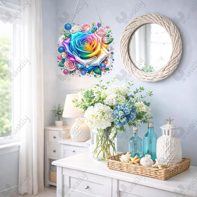Yunzlly DIY Hanging Diamond Art Pendant Kit, Special Crystal Double Sided Diamonds Painting Ornament Kit for Adults, Acrylic Gem Painting Board for Window&Door&Wall (Rose Flower)