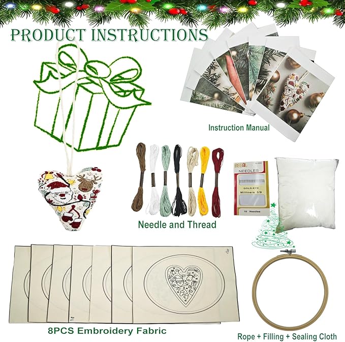 GDGJWL DIY Heart Shaped Hand Embroidered Christmas Ornament Kit Complete Craft Set with Pre-Printed Fabric Embroidery Thread Holiday Cross Stitch Decor for Beginners Adults and Home Decor (DIY)