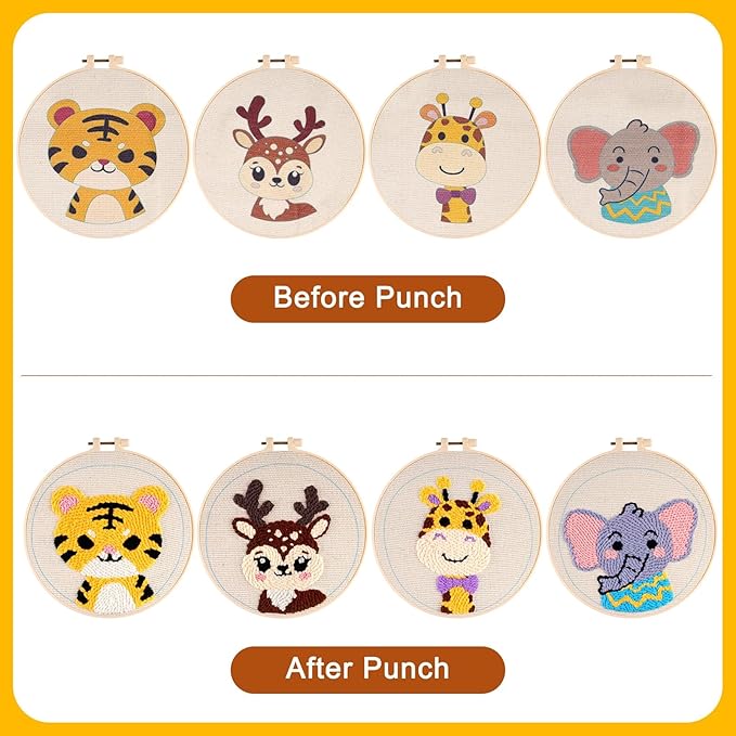 Pllieay 4 Sets Punch Needle Kits, Punch Needle Embroidery Kits for Beginner with Animal Pattern, Punch Needle Tool Including Pre-Printed Cloth, Punch Needle, Hoops and Yarns