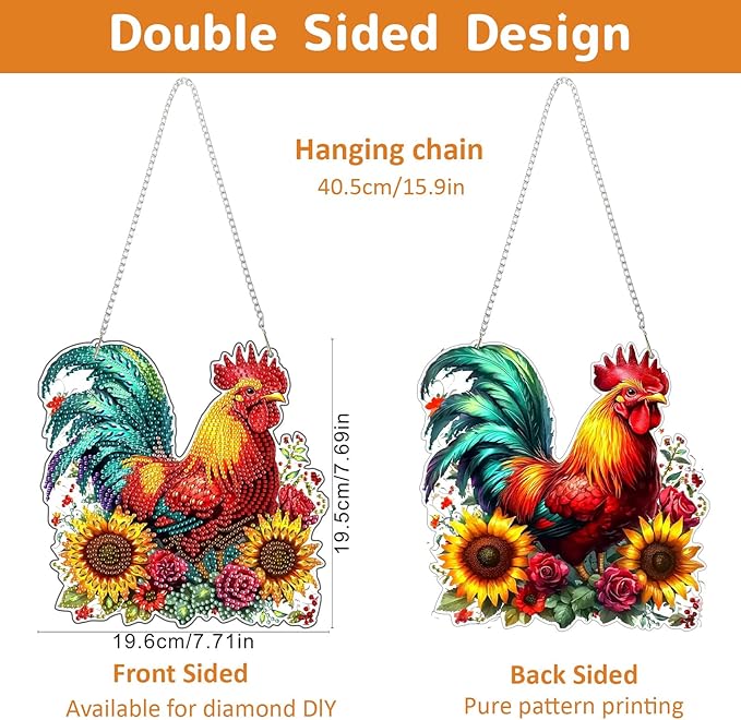 Chicken Diamond Art Hanging Kits for Adults, Rooster Diamond Painting Pendant Kits, DIY Acrylic 5D Special Shaped Crystal Diamonds Gem Art Painting Ornament for Home Wall Decor Gift 8x8 Inch