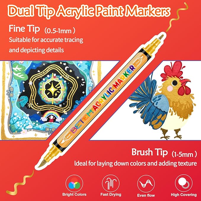 Betem Metallic Acrylic Paint Markers, Dual Tip 24 Colors Acrylic Paint Pens with Brush Tip and Fine Point, Permanent Glass Markers, Drawing Markers for Rock, Wood, Canvas, Card Making, Decorating Kit