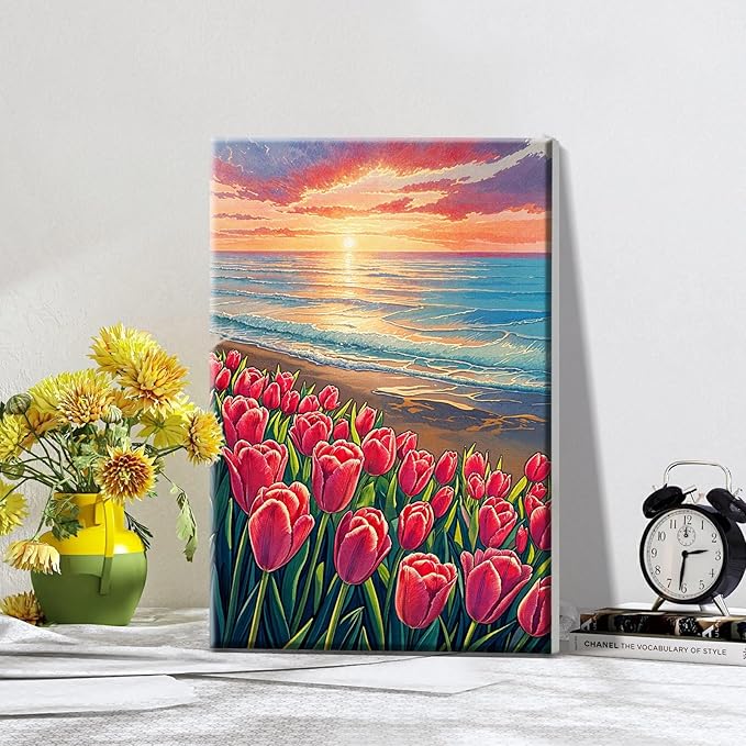 ATDMS Paint by Numbers Kit for Adults with Frame, Flowers Paint by Number with Easel,DIY Seaside Sunset Adult Paint by Number Kits Canvas Oil Painting Kit for Home Wall Decor 8 x 12 Inch