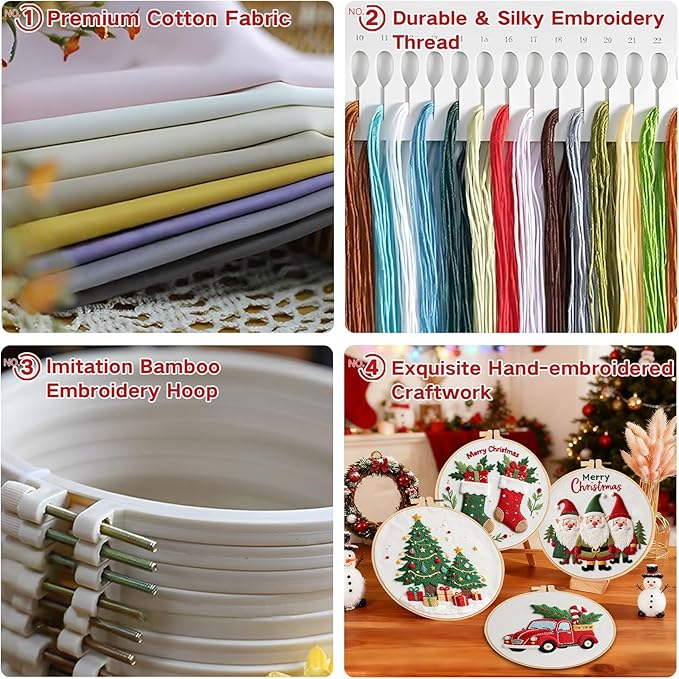 LGLRTD Christmas Embroidery Kits, 4 Sets Embroidery Kits for Beginners, Cross Stitch Kits for Adults with Pattern, Needles, Threads, Tools, DIY Needlepoint Craft Kit, 6 inch (Christmas)