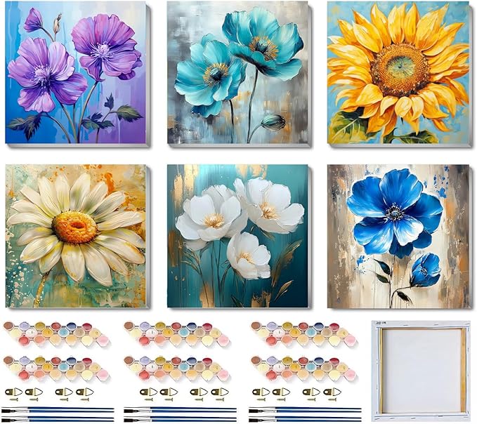 SYDYLH 6 Pack Paint by Numbers Kit for Adults/Kids, Easy Framed Adults Paint by Numbers Kits, DIY Simple Flowers Acrylic Oil Painting Number Kits for Home Wall Decor (8 x 8 Inch)