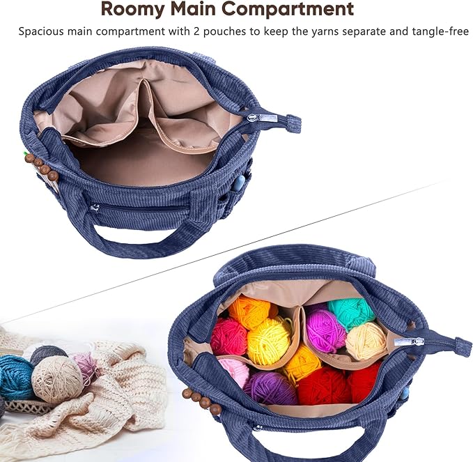 Crochet Bag and Tote - Corduroy Yarn Bag - Yarn Holder for Crocheting - Crochet Storage Bag for Crochet Hooks, Crochet Accessories, Knitting Bag for Crochet Lovers, Mother's Day Gift