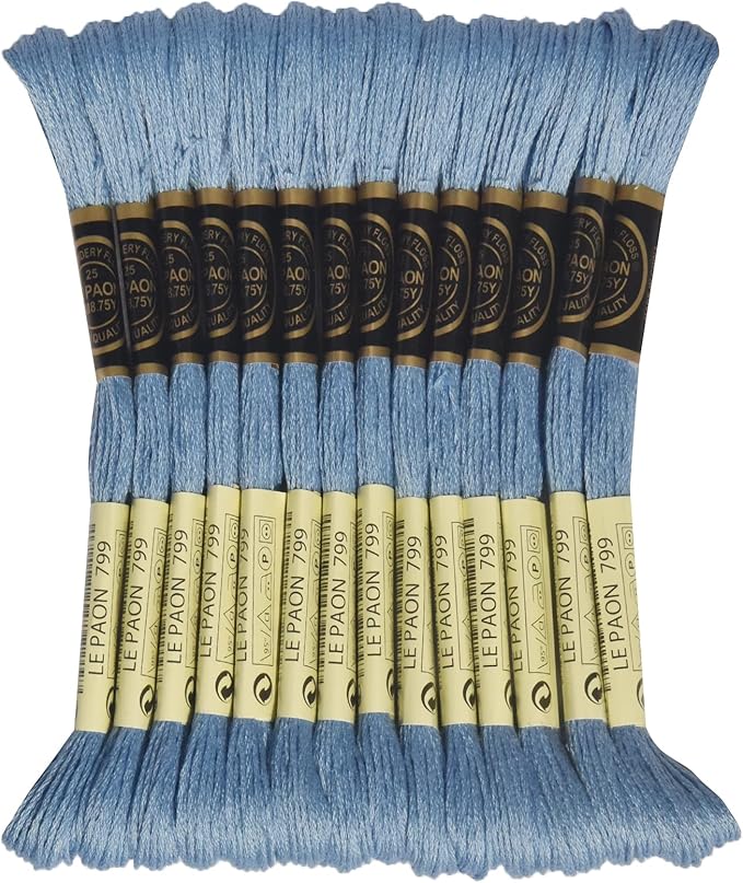 LE PAON Embroidery Floss, 14-Pack Six Strands 100% Long Staple Cotton Embroidery Thread, 8.7-Yard，Color Number：799, Medium Delft Blue