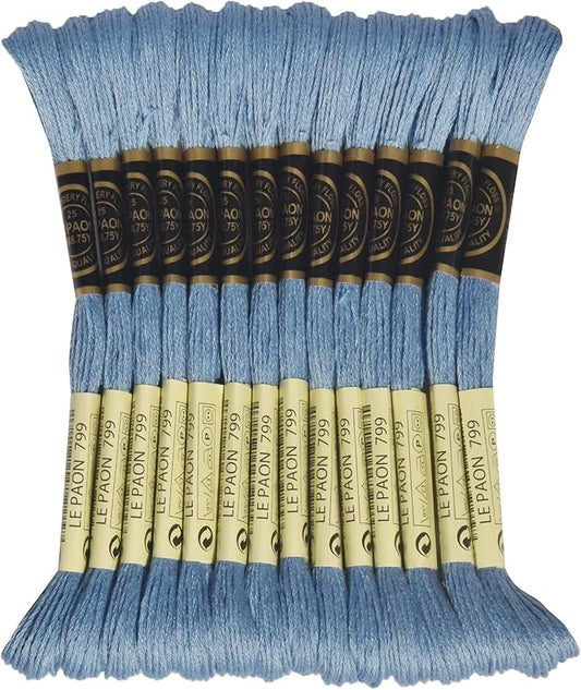 LE PAON Embroidery Floss, 14-Pack Six Strands 100% Long Staple Cotton Embroidery Thread, 8.7-Yard，Color Number：799, Medium Delft Blue