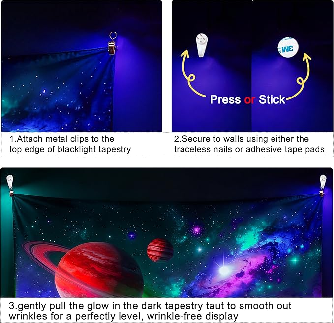 Duoduobuy 79x59 Inch Blacklight Tapestry Black Light Posters for Adults Galaxy Space Glow in the Dark Tapestry Trippy Landscape Planet Magical Trees Crystals Wall Decor with Traceless Nail Hook Kit