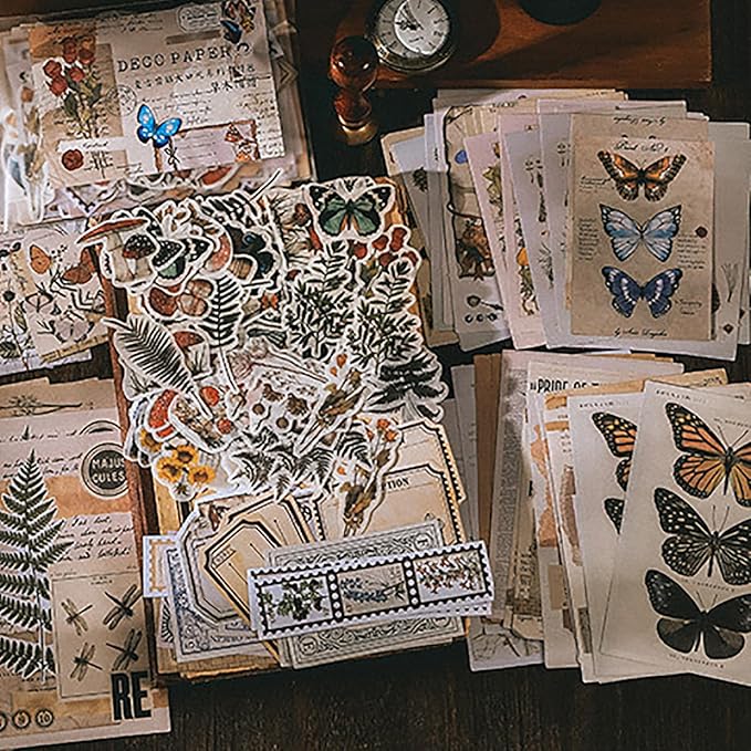 Gorofit Retro Scrapbook Supplies Kit, 200 Sheets of Mixed Natural Color Paper and Sticker Pack, Used for Diaries, Scrapbooks, Crafts, Collages, Murals, Bullet Diaries (Plants and Butterflies)