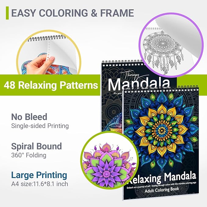Adult Coloring Book for Women Relaxation, Spiral Bound Mindfulness Coloring Book with 24 Colors Markers for Adult, Anxiety Relief Gifts with 48 Pictures (Hand-Drawn Mandala)