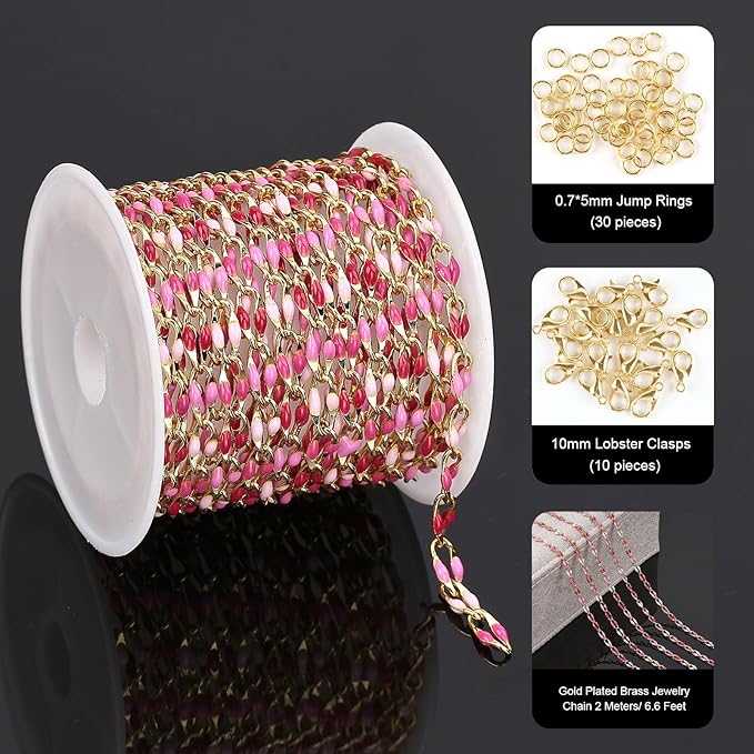 YOUBEIYEE Rose Pink Enamel Cable Chain for Jewelry Making Gold Plated Brass Jewelry Chain Roll with Jump Rings and Lobster Clasps
