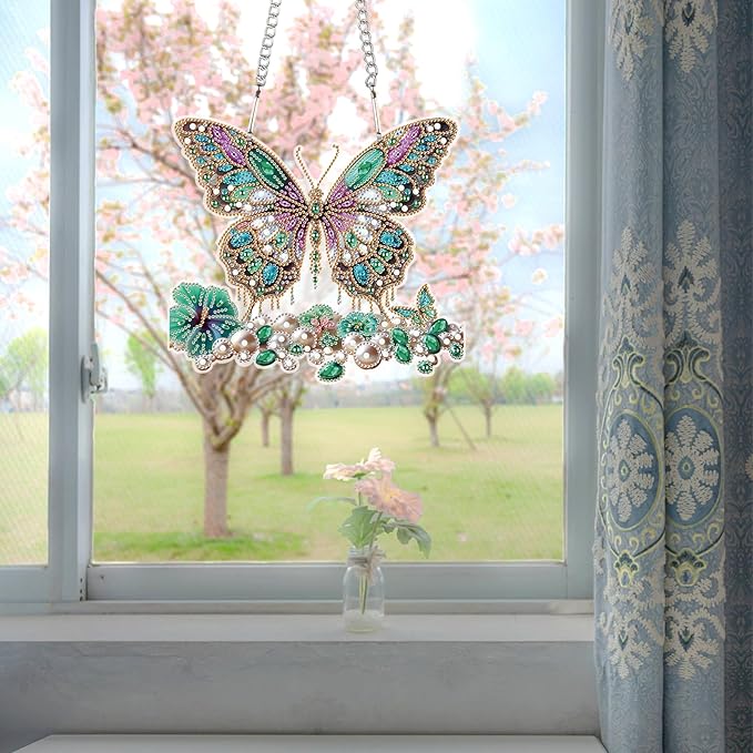 JZHYOAN Butterfly Diamond Art Hanging Kit DIY Hanging Diamonds Craft Ornament Diamond Painting Decorative Sign Wind Chimes with Diamonds Art Window Pendant Acrylic Pendants Crystal Arts Pendant