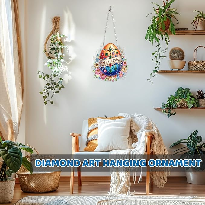 MEIYUDA Easter Egg Diamond Art Hanging Kits for Adult, Happy Easter Diamond Painting Hanging Kits Ornaments, DIY Special Shaped Rhinestone Window Pendants kit for Home Garden Wall Decor Gift