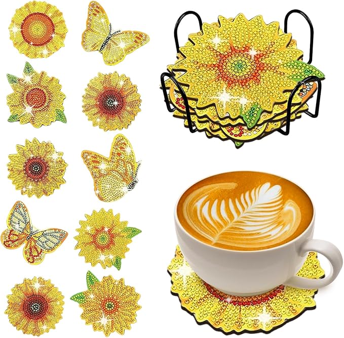 10 pcs Diamond Painting Coasters | Diamond Art Coasters | Sunflower Diamond Art Painting | Perfect Art Craft Gift for Sunflower Lover, Dad, Mom, Grandparents, Brother, Sister.