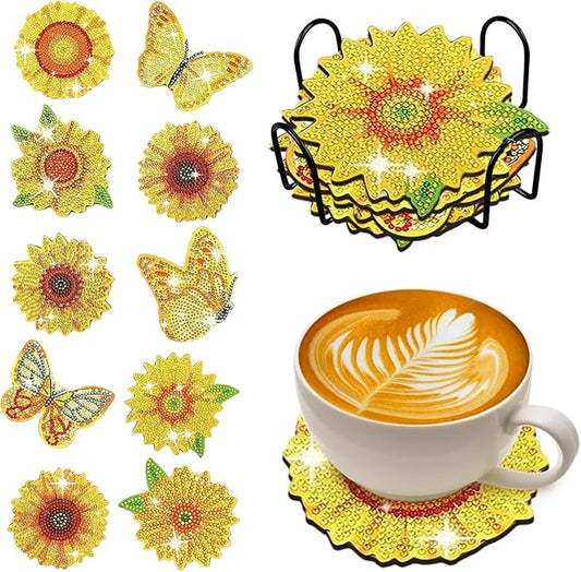 10 pcs Diamond Painting Coasters | Diamond Art Coasters | Sunflower Diamond Art Painting | Perfect Art Craft Gift for Sunflower Lover, Dad, Mom, Grandparents, Brother, Sister.