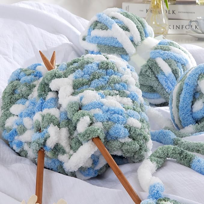 HOMBYS Chunky Tie Dye Mix Chenille Yarn for Hand Knitting, Super Bulky Jumbo Yarn for Crocheting, 3/4" Thick Soft Plush Yarn for Blankets, 8 Skein Pack (26 yds / 7.5 oz Each) Sky Blue,Green,White