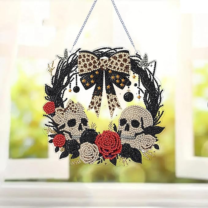 Diamond Art Kit for Adults, Special Shaped Crystal Skull Pendant, Halloween Diamond Painting Suncatcher,DIY Rose Ornament Hanging Art Acrylic Board Wreath, DIY Home Decor, 7.7 Inch