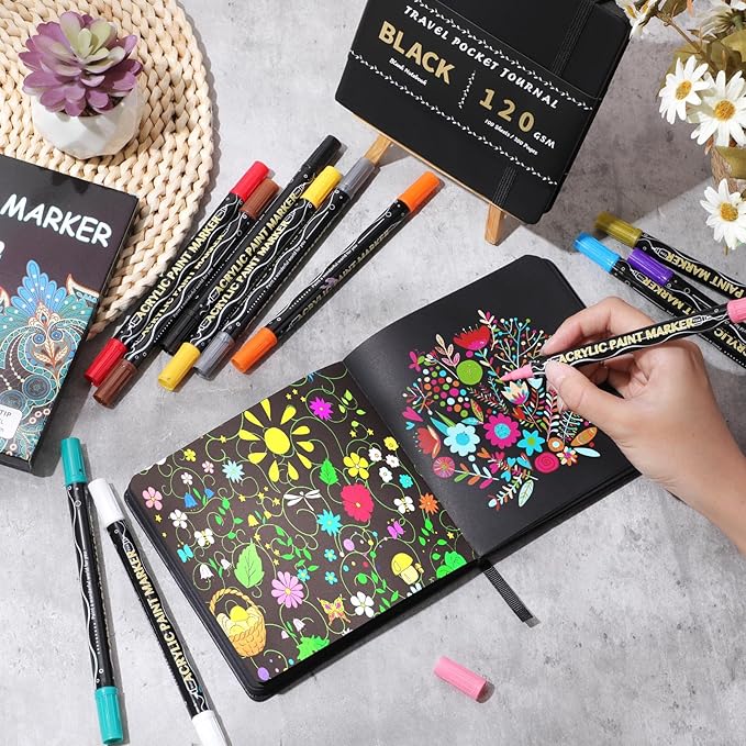 Thenshop 2 Pcs/200 Sheets Black Paper Sketchbook with 12 Metallic Marker Pens Set 5.5 x 5.5 in Black Writing Page Journal Notebook for Colored Gel Pens PU Hardcover Drawing Gifts