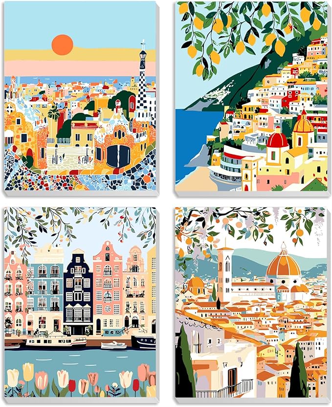 MXJSUA 4 Pack Romantic Street Scene Framed Paint by Numbers Kit with Canvas for Adults Beginner, DIY Acrylic Oil Painting Kits with Brushes for Home Wall Decor Gift (8x10 inch)