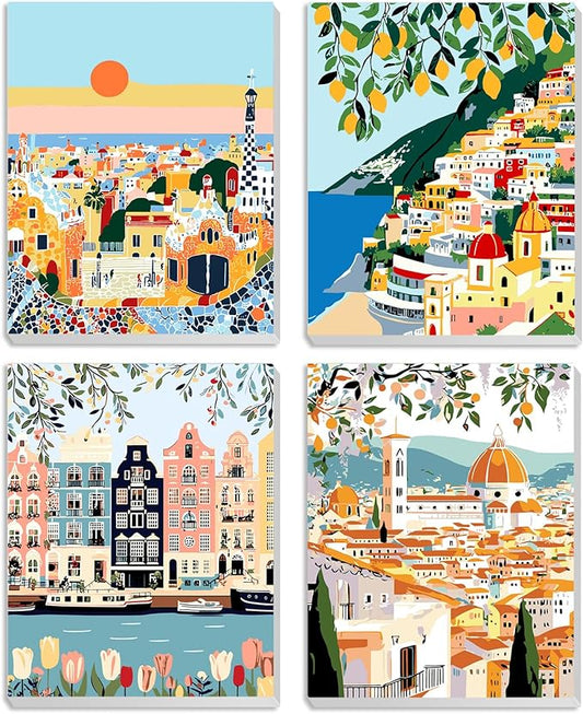 MXJSUA 4 Pack Romantic Street Scene Framed Paint by Numbers Kit with Canvas for Adults Beginner, DIY Acrylic Oil Painting Kits with Brushes for Home Wall Decor Gift (8x10 inch)
