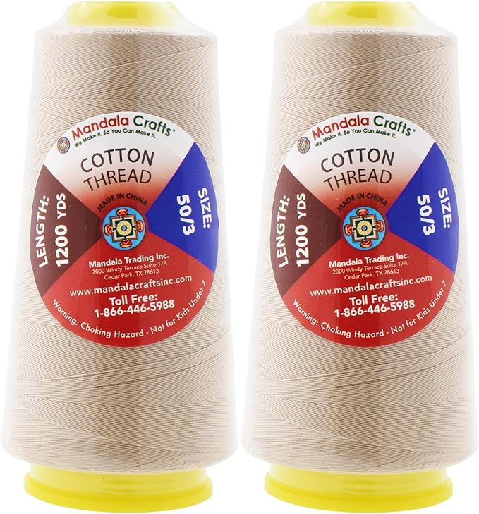 Mandala Crafts Cream Thread Cones for Machine and Hand Quilting - 2400 Yds 50 WT Multiple Purpose Mercerized 100% Cotton Threads for Sewing Machine Serger Embroidery