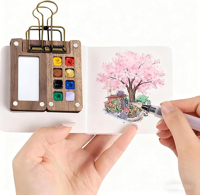 Mini Watercolor Paint Set Portable,Watercolor Palette, Travel Grid Paint Palette Box with Binder Clips Include 12 Colors Paint, Brush*3 and Picture Album Art Materials Coloring Markers (8 Grids)