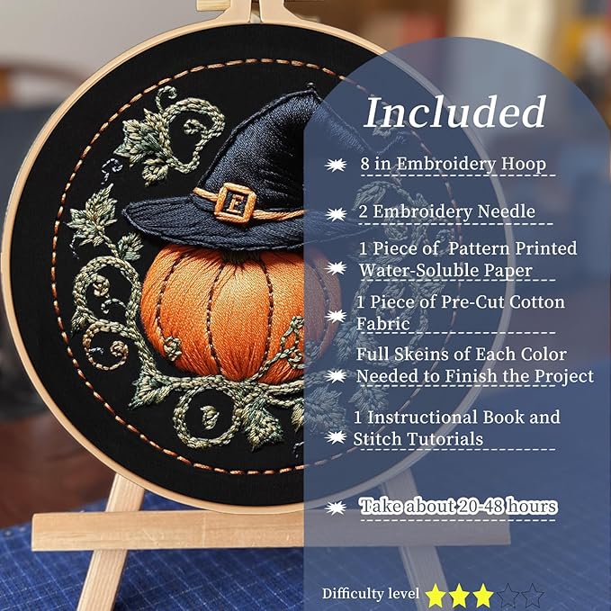 FONNUY Pumpkin Embroidery Kit for Beginners, Pre-Stamped Pattern Kits for Adults with Hoop, Easy to Follow Color Thread Needlework, 8'' Hoop (Witch Hat 4)