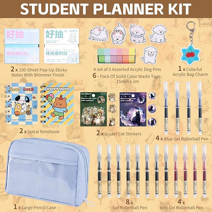 Gryast Complete Student Stationery Set Junk Journal Kit - All-in-One Scrapbook Supplies with Dog Pins, Pens, Stickers, Notebooks & More | Creative Journal Supplies for Memory Keeping(Blue)