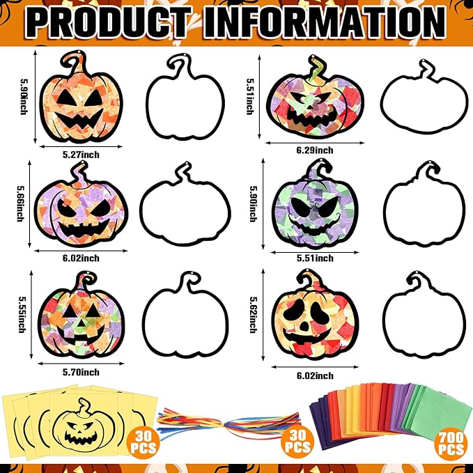 Yaomiao 30 Set Halloween Pumpkin Suncatchers Paper Crafts Kit DIY Shaped Stained Glass Effect Tissue Paper Hanging Suncatchers for Halloween Home Birthday Party Favors Gifts