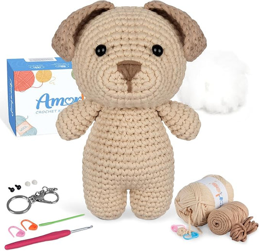 Crochet Kit for Beginners – Easy-to-See Stitches Yarn, Pre-Started Piece, and Step-by-Step Video Tutorials | Starter Crochet Set with Cute Animal Pattern – Original Handmade Golden Retriever Pattern