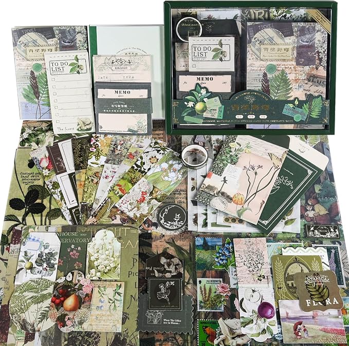 scrapbooking supplies kit, aesthetic junk journaling supplies, scrapbook kit with bullet journaling stickers, stationary set, vintage ephemera collage craft supplies gift for adults women beginner