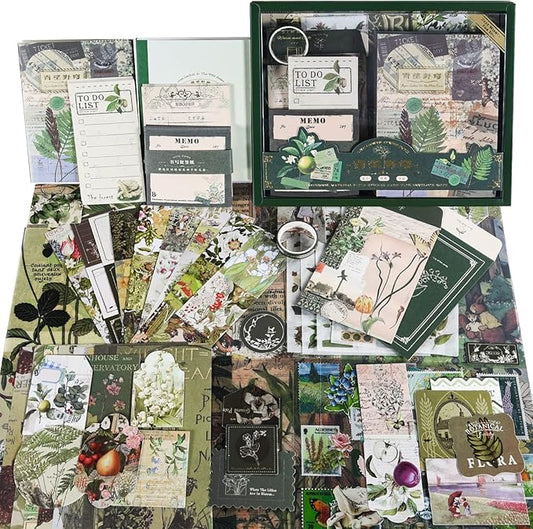 scrapbooking supplies kit, aesthetic junk journaling supplies, scrapbook kit with bullet journaling stickers, stationary set, vintage ephemera collage craft supplies gift for adults women beginner