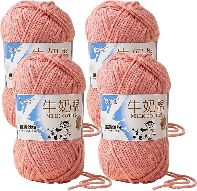 4 Pack Milk Cotton Yarn for Crocheting, 5 Ply Super Soft Baby Yarn, 50g Fluffy Cotton Yarn for Amigurumi, DIY Crafts, Hats, Socks and Knitting Projects