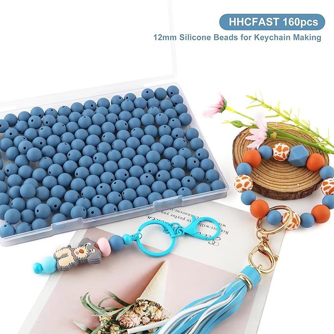 Silicone Beads, 160Pcs 12mm Round, Powder Blue for Keychain Making, Bracelet Making, Necklace Making and Pens