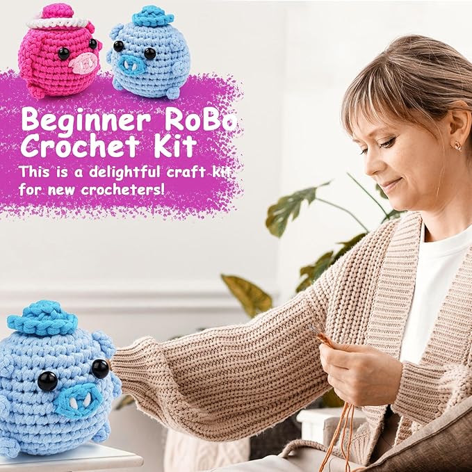 Vanttokeey Crochet Kit for Beginners, Animal Amigurumi Crochet Kits Included, Step-by-Step Video Tutorials, Beginner Crochet Kit for Adults and Kids, Crocheting Starter Set (Pig RoBo)