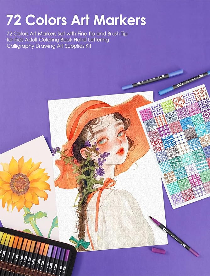 Art Markers Pens Dual Tip Coloring Markers Set with Brush & Fine Nib for Adult Coloring Book Brush Pens Professional Calligraphy & Drawing Art Supplies Kit for Adults (72 Colors)