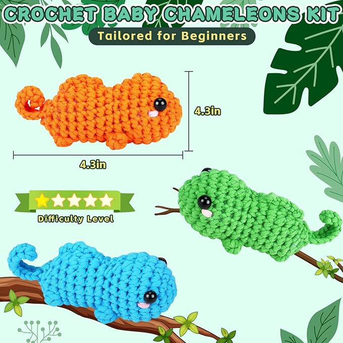 Fortuning's JDS Crochet Kit for Beginners - 3 PCS Baby Chameleon Crochet Kits with Step-by-Step Video Tutorials, Beginner Crochet Kit for Adults Kids, Chameleon Crocheting Set