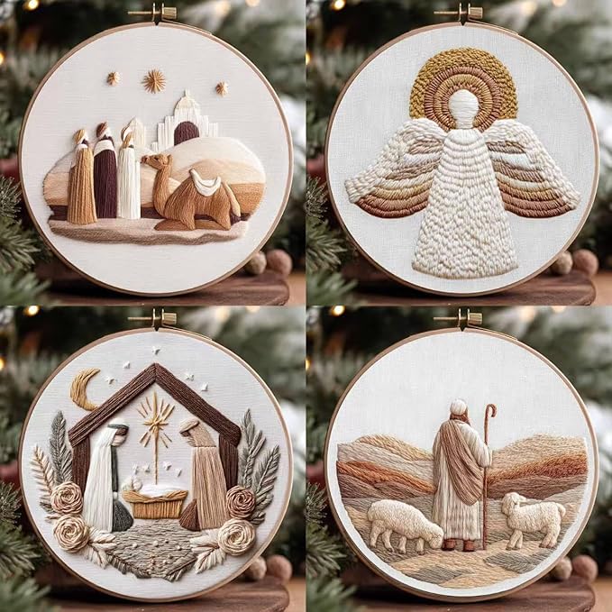 Nativity Embroidery Kit for Adults, Pre-Stamped Pattern Embroidery Kit for Beginners, DIY Hand Needlepoint Starter Kit with Hoop Thread Needle Instruction, 7.87'' Hoop (Nativity 4 Packs)