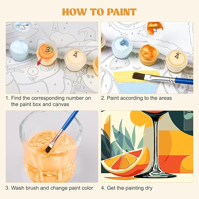 MXJSUA 4 Pack Lemon Cocktail Framed Paint by Numbers Kit with Canvas for Adults Beginner, DIY Acrylic Oil Painting Kits with Brushes for Home Wall Decor Gift (8x10 inch)