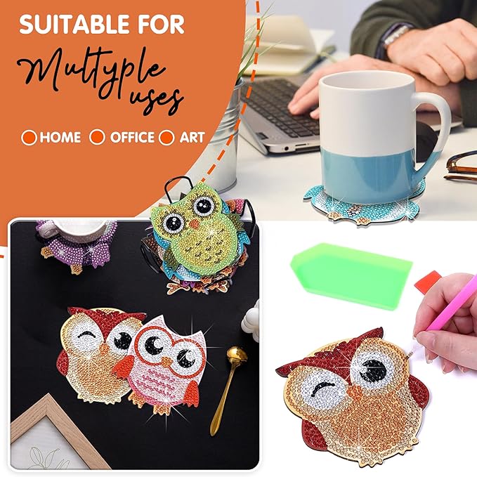 10 pcs Diamond Painting Coasters | Diamond Art Coasters | Owls Diamond Art Painting | Perfect Art Craft Gift for Owl Lover, Dad, Mom, Grandparents, Brother, Sister.