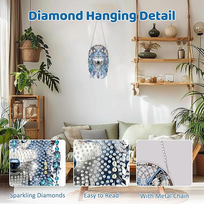 MEIYUDA Wolf Diamond Art Hanging Kits for Adult, Wolf Dreamcatcher Diamond Painting Hanging Kits Ornaments, DIY Special Shaped Rhinestone Window Pendants Kit for Home Garden Wall Decor Gift