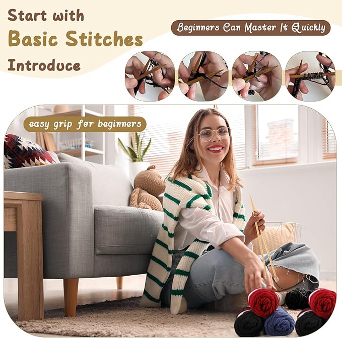 Syhood Knitting Kits for Beginners Adults Hat Knit Kit with Yarn, Bamboo Needles, Faux Pom Practical and Easy to Use Complete Beginners for Women and Men Lovely Present (Black, Burgundy, Navy Blue)
